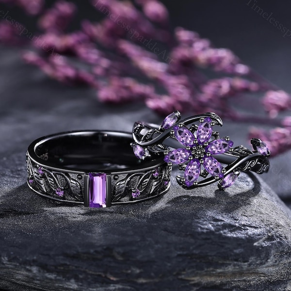 Flower Amethyst Matching Couple Rings Nature-inspire Leaf & Flora Engagement Ring Set Black Gold Promise Rings for Couples Wedding Gifts