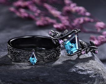 Gothic Kite Alexandrite Matching Couple Rings Nature Inspired Leaf Branch Engagement Ring Set Black Gold Promise Rings Wedding Gifts