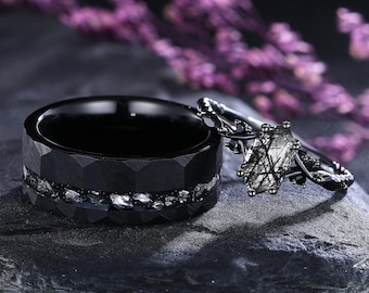 Conjunto exclusivo de anéis de quartzo rutilado preto hexagonal para ele e para ela, anel de noivado gótico preto para casal, presente de casamento para ele
