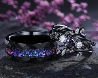 Galaxy Blue Sandstone Engagement Rings His and Hers Wedding Bands Nature Inspired Leaf Moissanite Wedding Rings for Women Star Couple Ring