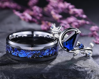 Sapphire Moon Design Couple Engagement Ring Nature Inspired Women's Ring Blue Wedding Band Anniversary Gift for Her Couple Matching Rings
