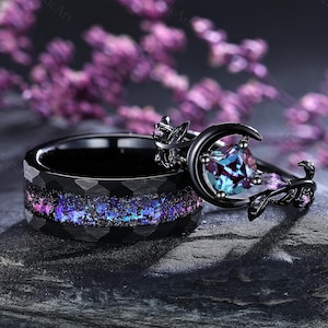 Gothic Cushion Alexandrite Couple Ring Set Crescent Moon Amethyst Ring Galaxy Moon Ring Set Black Meteorite Wedding Band His and Hers Rings