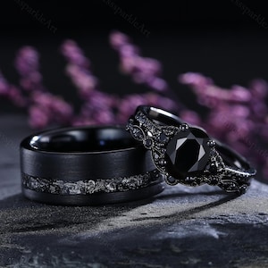 Black Onyx Couple Ring Set Gothic Black Rings Mens Tungsten Ring His and Hers Wedding Band Black Onyx Couples Promise Ring Gift for Her