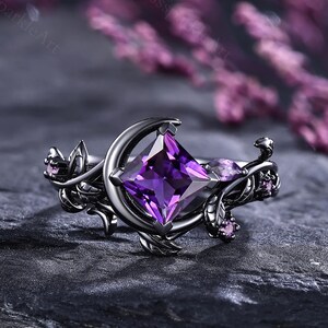 Princess Amethyst Moon Wedding Ring Set Black Gold Crescent Leaf Engagement Ring Birthstone Bridal Rings Nature Inspired Vine Ring For Women