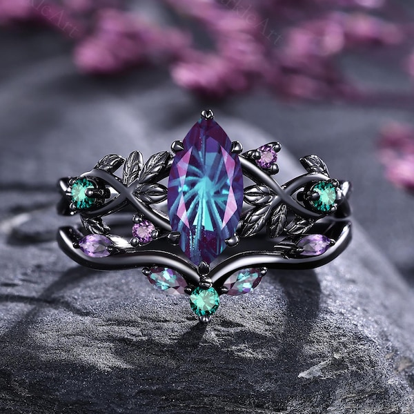 Vintage Fireworks Cut Alexandrite Engagement Ring Set Amethyst Wedding Band Unique Bridal Promise Rings Natural Inspired Leaf Handmade Ring