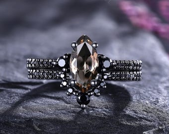 Gothic Marquise Smoky Quartz Engagement Ring Set Vintage Halo Black Spinel Bridal Set Wedding Ring for Women Matchin Ring Gift for Her