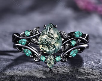 Vintage Moss Agate Engagement Ring Set 14K Black Gold Emerald Leaf Wedding Rings Bridal Promise Ring Anniversary Gift