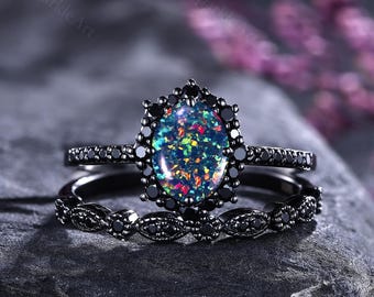 Gothic Black Opal Engagement Ring Set Fire Opal Bridal Promise Ring Anniversary Gift Wedding Ring for Women Custom Wedding Rings for Her