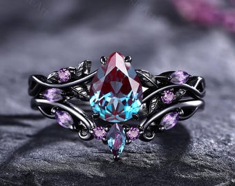Vintage Pear Alexandrite Engagement Ring Set 14K Black Gold Amethyst Leaf Wedding Rings Bridal Promise Ring Anniversary Gift