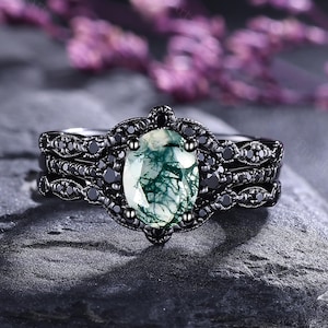 Gothic Oval Moss Agate Engagement Ring Set Black Gold Women Bridal Ring Set Witchy Ring Stacking Rings for Women Anniversary Gift for Her