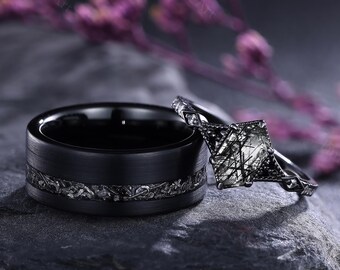 Conjunto de Anéis de Casal Hexagonais em Quartzo Negro, Alianças de Casamento Combinando para Ele e para Ela, Anel de Compromisso para Casais, Anel Masculino em Tungstênio, Conjunto de Anéis de Noivado Góticos