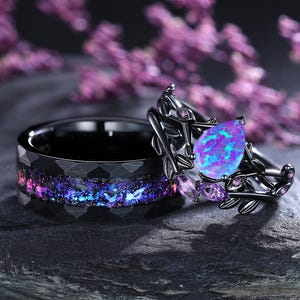 Vintage Pear Lavender Purple Opal Couples Ring Set 3PC Purple Opal Engagement Rings His and Hers Wedding Band Leaf Rings Bridal Promise Ring