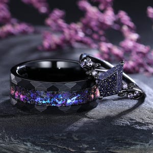 Galaxy Blue Sandstone Couple Rings Orion Nebula Ring Set Matching Couples Rings Leaf Amethyst Band Blue Sandstone Meteorites Engagement Ring