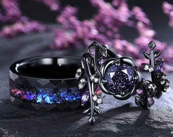 Galaxy blauwe zandsteen paar ringen set 3pc natuurlijk blad ontwerp verlovingsring set gotische trouwring bruids belofte ringen