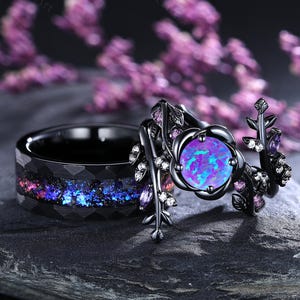 Mystic Galaxy Purple Opal Couple Rings Set 3PC Natural Leaf Design Engagement Ring Set Gothic His and Hers Wedding Band Bridal Promise Rings