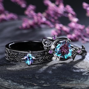 Alexandrite Couple Ring Set Twig Vine Alexandrite Matching Couple Rings Heart Alexandrite Engagement Ring Moon His and Hers Wedding Rings