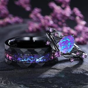 Pear Purple Opal Couples Ring Set 3PC Opal Engagement Rings His and Hers Wedding Band Nature Inspired Leaf Rings Meteorite Tungsten Rings