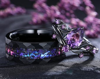 Juego de 3 anillos de compromiso de amatista con forma de pera para parejas, amatista, para él y para ella, anillos de boda inspirados en la naturaleza, hojas, meteorito y tungsteno.