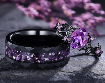 Juego de anillos de amatista gótica para él y para ella, anillos de amatista para parejas, anillo de hoja, anillo de compromiso morado para mujer, anillos de boda a juego, regalo para ella