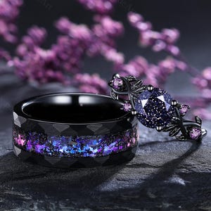 Galaxy Blue Sandstone Couple Rings Orion Nebula Ring Set Matching Couples Rings Leaf Band Amethyst Ring Blue Sandstone Engagement Rings