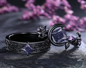 Blue Sandstone Couple Promise Rings Set Orion Nebula Ring Set Leaf Design Couples Ring His and Hers Wedding Bands Engagement Ring for Her