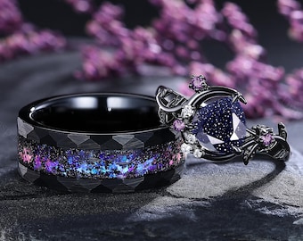 Galaxy Blue Sandstone Couple Ring Set Heart Crescent Moon Matching Promise Rings Orion Couple Wedding Ring Anniversary Gift for Him & Her