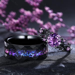 Gothic Amethyst Couple Rings His and Hers Wedding Band Leaf Band Amethyst Ring Black Gold Engagement Ring Matching Ring Set Handmade Jewelry
