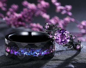 Anillos de pareja de amatista gótica Anillo de bodas para él y para ella Anillo de hojas Anillo de amatista Anillo de compromiso de oro negro Juego de anillos a juego Joyería hecha a mano
