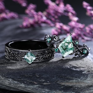 Drachen Moos Achat Blatt Zweig Natur Inspiriert Paare Ring Set Gothic Schwarz Gold Grün Smaragd Verlobungsring Seine und Ihre Ringe Hochzeitsgeschenke