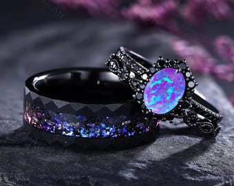 Lavender Opal His and Hers Ring Set Gothic Couple Rings Purple Opal Engagement Ring Women Wedding Ring Personalized Gifts