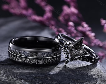 Unique Kite Black Rutilated Quartz His and Hers Ring Set Gothic Rutilated Quartz Couple Rings Dark Engagement Ring Women Anniversary Gift