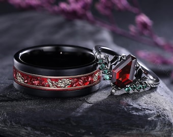 Anillos de pareja con granate en forma de ataúd, conjunto de anillo de compromiso gótico negro, anillos a juego para él y para ella, alianza de boda con hoja de esmeralda, anillos de promesa para parejas