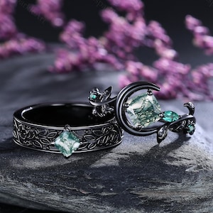 Ensemble de bagues pour couple en agate mousse verte Gothique Bague de mariage branche de lune et de feuille pour lui et pour elle Bague de fiançailles en agate mousse verte pour femme Cadeaux