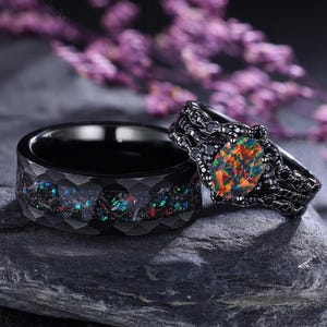 Fire Opal Wedding Ring Set Unique Opal Couple Rings His and Hers Rings Colorful Fire Opal Women Bridal Set Matching Wedding Rings Gifts