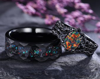 Fire Opal Wedding Ring Set Unique Opal Couple Rings His and Hers Rings Colorful Fire Opal Women Bridal Set Matching Wedding Rings Gifts