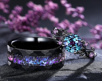 Gothic Alexandrite Couple Rings His and Hers Wedding Band Leaf Band Amethyst Ring Black Gold Alexandrite Engagement Ring Matching Ring Set