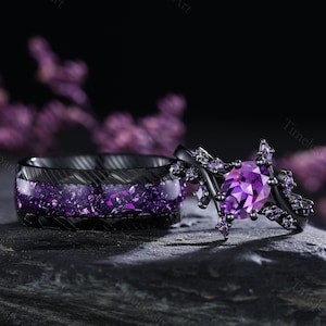 Unique couple rings Vintage amethyst couple ring His and Hers Ring Set Black Purple Matching Wedding Bands Custom couple ring Handmade rings
