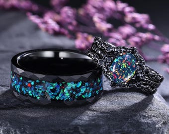 ブラックオパールのカップルリング、オパールの結婚指輪セット、彼と