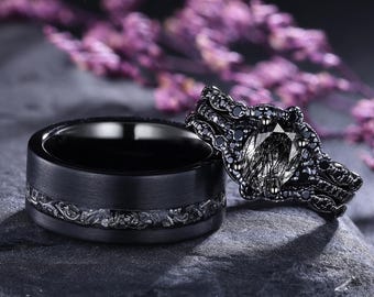 His And Hers Wedding Ring Set – Black Marquise Cz Rings, Titanium Steel, Matching Bands - View #7
