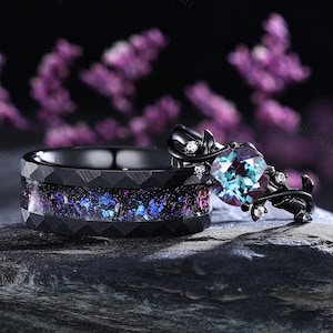 Vintage Alexandrite Couple Rings Black Gold Matching Ring Set Colored Tungsten Ring His and Hers Wedding Band Anniversary Gifts for Couple