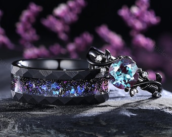 Vintage Alexandrite Couple Rings Black Gold Matching Ring Set