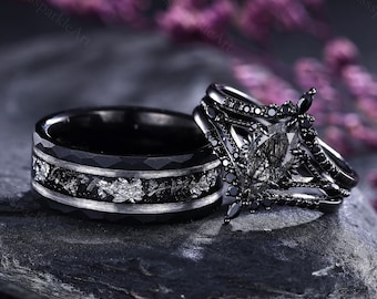 Unique Marquise Black Rutilated Quartz His and Hers Ring Set Gothic Black Gold Couple Matching Rings 3PCS Engagement Ring for Women