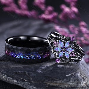 Unique Design Purple Opal Engagement Ring Set Lavender Opal Wedding Ring His & Hers Wedding Bands Starry Sky Meteorite Tungsten Men's Ring