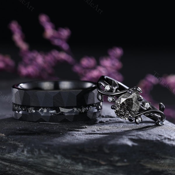 Unique couple matching rings His and hers wedding bands Gothic couple ring Couple ring set black Black rutilated quartz couple rings set