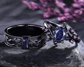 Blue Sandstone Couple Promise Rings Set Orion Nebula Ring Set Leaf Design Couples Ring Crescent Moon Ring Amethyst Engagement Ring for Her