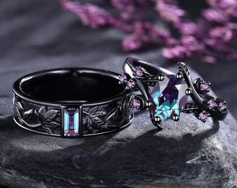 Alexandrite Couple Ring Set Gothic Black Gold Leaf Engagement Ring Unique Wedding Ring for Women Crescent Moon Amethyst Ring Gift for Her