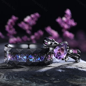 Vintage Amethyst Couple Rings His and Hers Wedding Ring Amethyst Engagement Ring Gift for Her Gothic Bridal Set February Birthstone Ring
