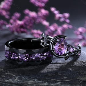 Gothic Amethyst Couple Rings Set Moon & Leaf Silver Ring for Her Matching Promise Rings Purple Gemstone Engagement Ring Personalized Jewelry