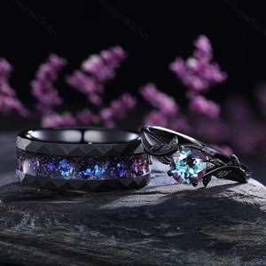 Vintage Alexandrite Couple Rings His and Hers Wedding Band Alexandrite Engagement Rings for Her Gothic Ring Bridal Set Anniversary Gifts