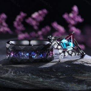 Alexandrite couple rings Gothic couples ring Couple wedding bands Promise rings matching set His and her Ring Set Handmade couple rings